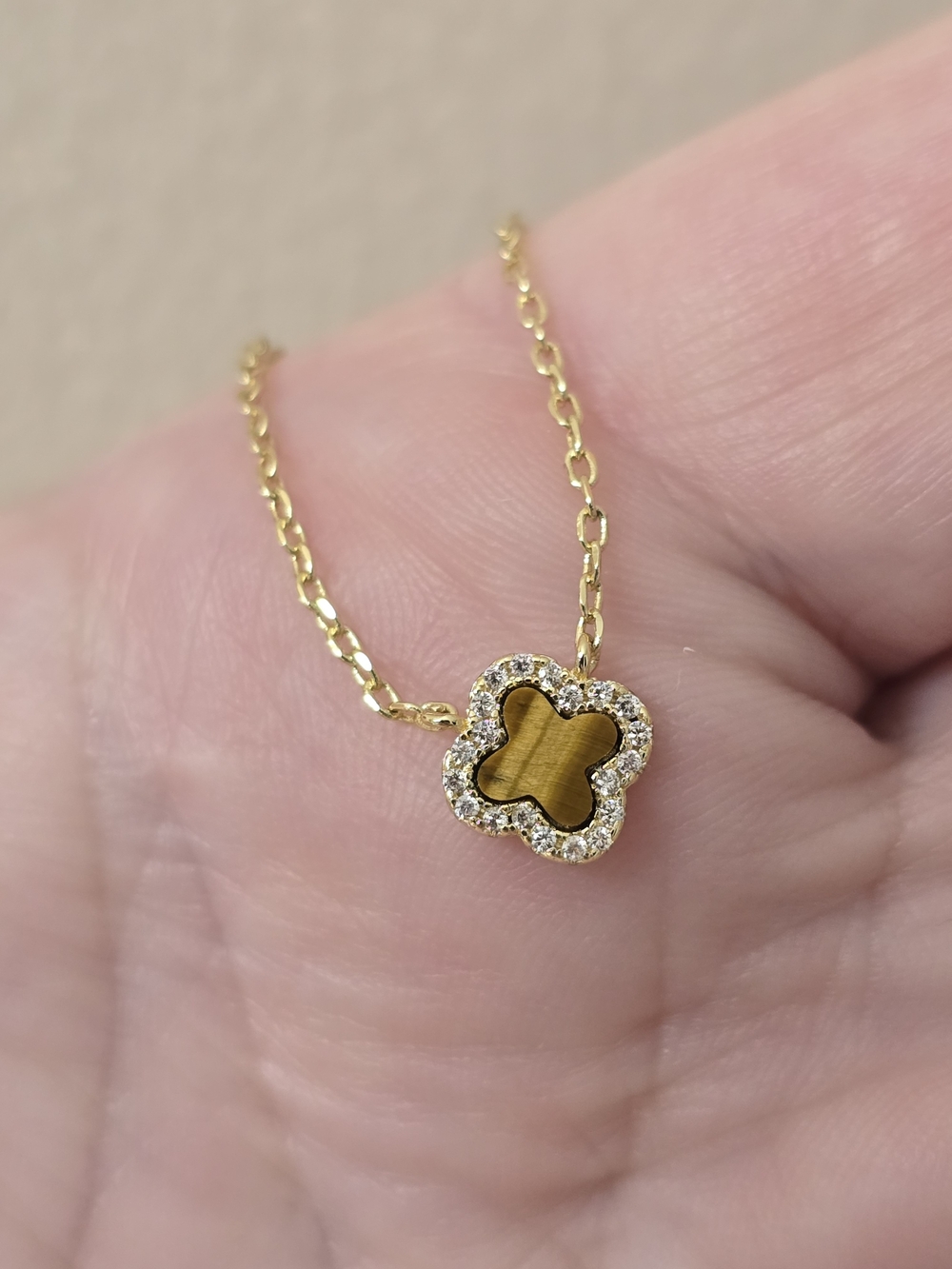 Argento Viva Tiger Stone 14k Gold Plated Clover Pendant Necklace Cubic Zirconia